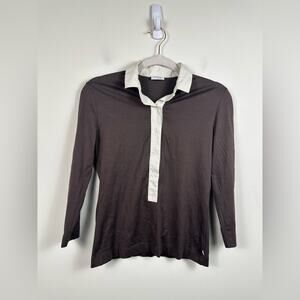 AKRIS PUNTO Contrast Collar Blouse Knit Top Brown Cream Size XS Rugby Cotton